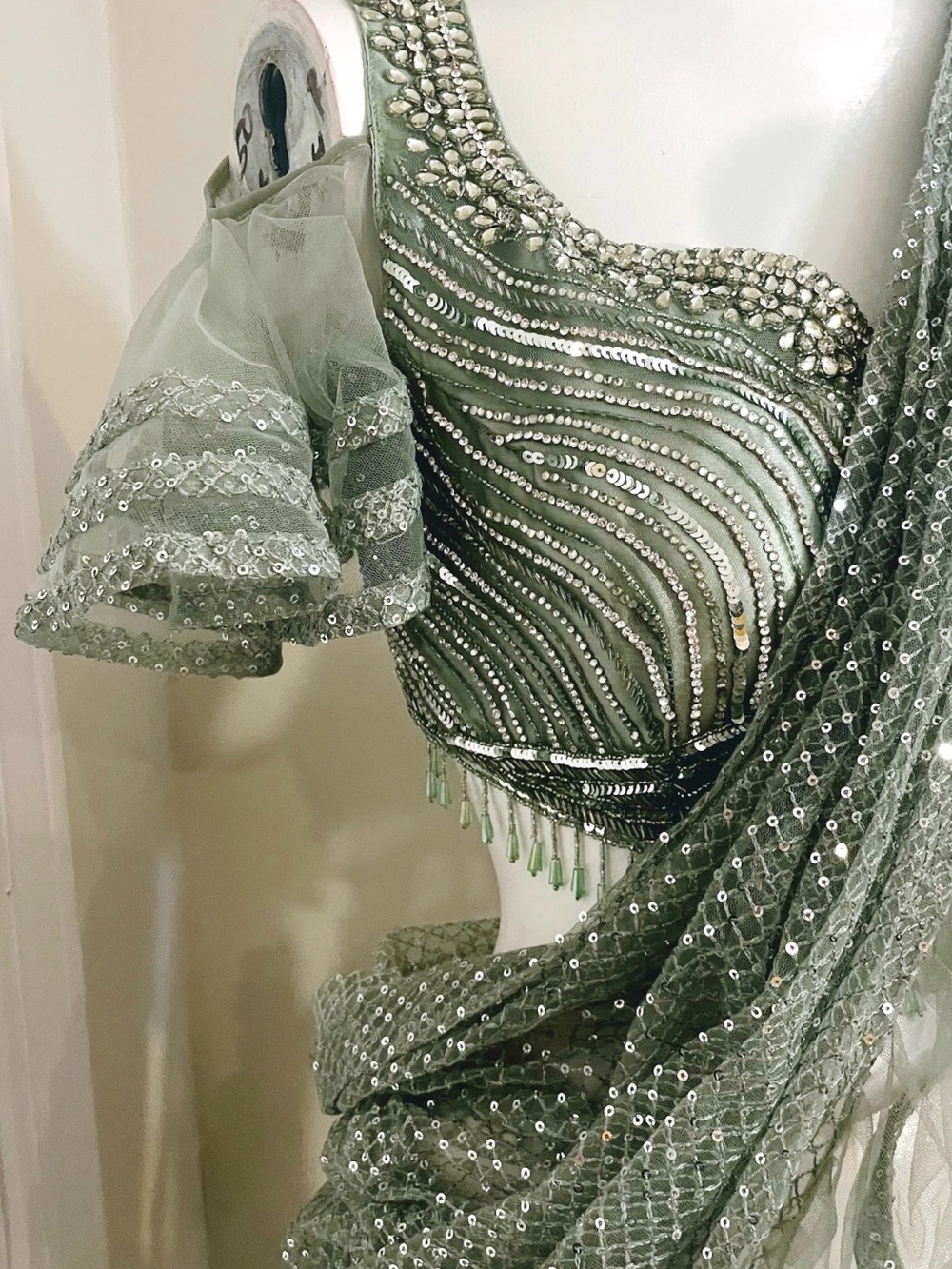 Elegant Sage Green Maxi Ruffle Skirt Saree- Women's Evening Saree Style